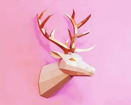 Low poly deer trophy with golden horns in profile, pink background, 3d rendered Stock Illustration