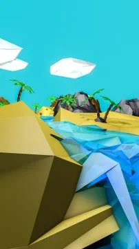 Low poly desert landscape with palm trees. 3d render Stock Illustration