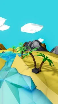 Low poly desert landscape with palm trees. 3d render Stock Illustration