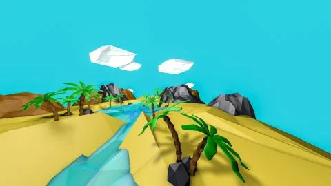 Low poly desert landscape with palm trees. 3d render Stock Illustration