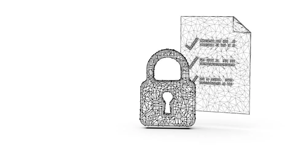 Low poly document with padlock in front on white background with copy space.. 스톡 일러스트