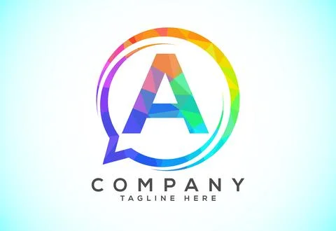 Low poly English alphabet with a bubble chat icon. Talking chatting logo co.. Stock Illustration