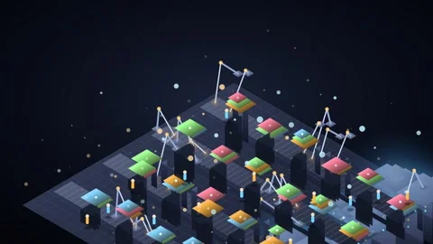 Low Poly Factory Automation Loop - Isometric Data Flow Block Backdrop Stock Footage 341869366