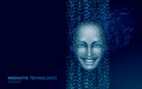 Low poly female human face biometric identification. Recognition system concept Illustrazione stock