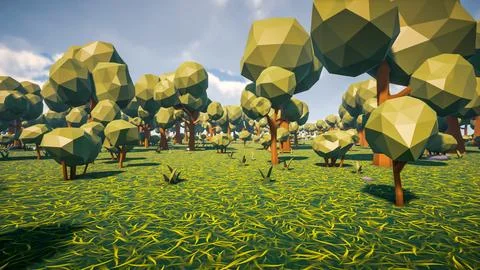 Low poly forest landscape background without human and animals 3d render Stock Illustration