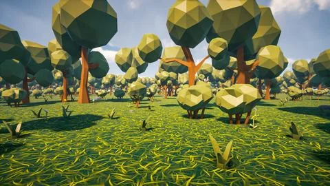 Low poly forest landscape background without human and animals 3d render Stock Illustration