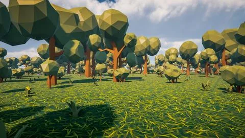 Low poly forest landscape background without human and animals 3d render Stock Illustration