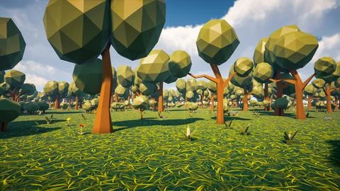 Low poly forest landscape background without human and animals 3d render Stock Illustration