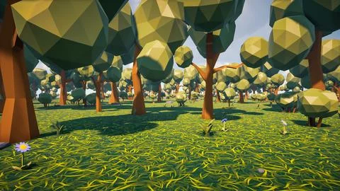 Low poly forest landscape background without human and animals 3d render Stock Illustration