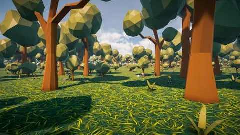 Low poly forest landscape background without human and animals 3d render Stock Illustration