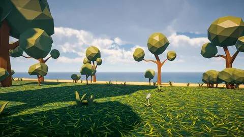 Low poly forest landscape background without human and animals 3d render Stock Illustration