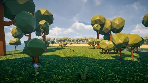 Low poly forest landscape background without human and animals 3d render Stock Illustration