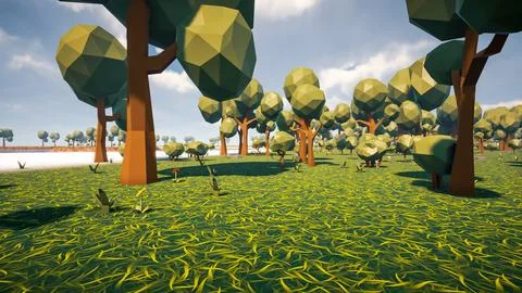Low poly forest landscape background without human and animals 3d render Stock Illustration