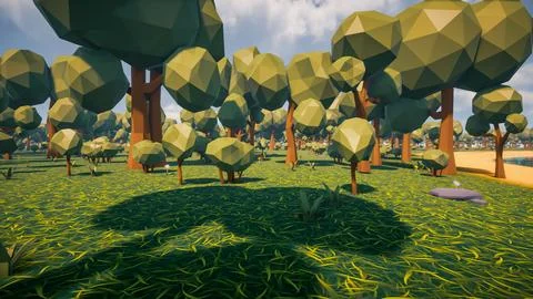 Low poly forest landscape background without human and animals 3d render Stock Illustration