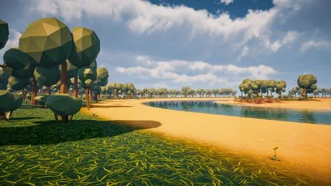 Low poly forest landscape background without human and animals 3d render Stock Illustration