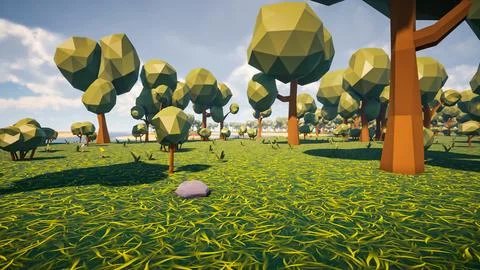 Low poly forest landscape background without human and animals 3d render Stock Illustration