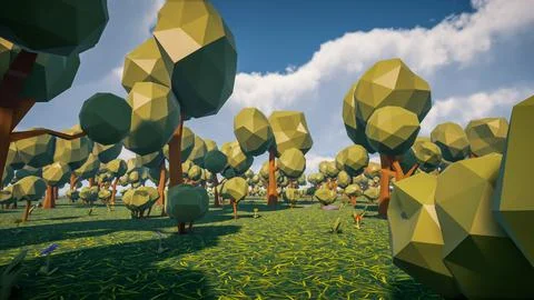 Low poly forest landscape background without human and animals 3d render Stock Illustration