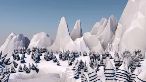 Low poly forest landscape. Illustration. Spruce forest and mountains. 3d render Stock Illustration
