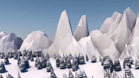 Low poly forest landscape. Illustration. Spruce forest and mountains. 3d render Stock Illustration