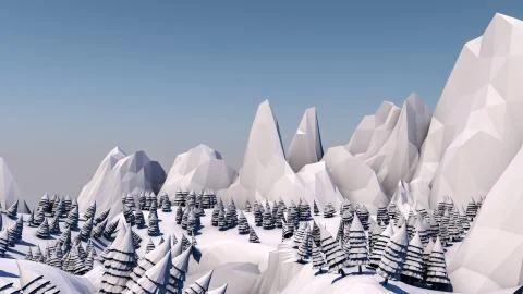 Low poly forest landscape. Illustration. Spruce forest and mountains. 3d render Stock Illustration