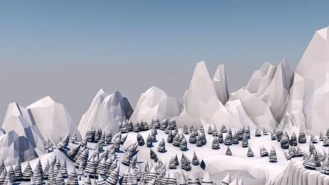 Low poly forest landscape. Illustration. Spruce forest and mountains. 3d render Stock Illustration
