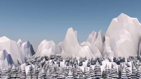 Low poly forest landscape. Illustration. Spruce forest and mountains. 3d render Stock Illustration