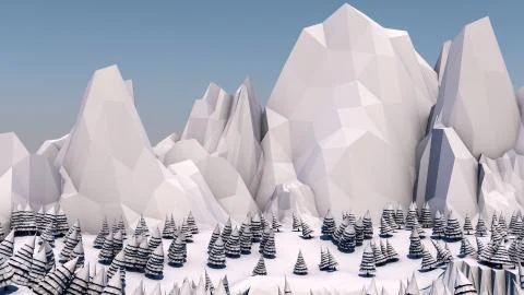 Low poly forest landscape. Illustration. Spruce forest and mountains. 3d render Stock Illustration