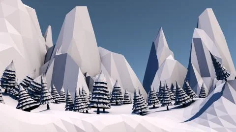 Low poly forest landscape. Illustration. Spruce forest and mountains. 3d render Stock Illustration