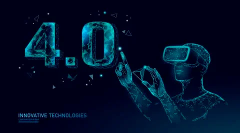 Low poly future industrial revolution concept. Industry 4.0 number assembled VR Illustrazione stock