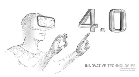 Low poly future industrial revolution concept. Industry 4.0 number assembled VR Illustrazione stock