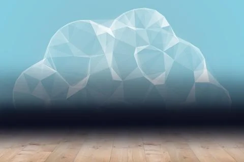 Low-poly geometric cloud is floating over wooden plank floor with cyan blue イラスト素材