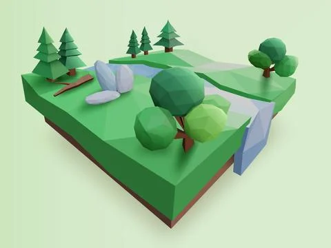 Low Poly Geometric Forest, Tree, River, and Rock Low Polygonal Style, Suita.. Stock Illustration