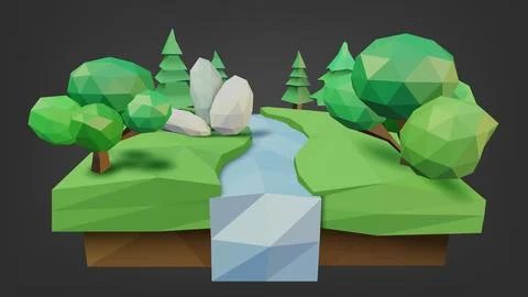 Low Poly Geometric Forest, Tree, River, and Rock Low Polygonal Style, Suita.. Stock Illustration