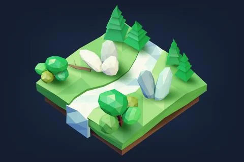 Low Poly Geometric Forest, Tree, River, and Rock Low Polygonal Style, Suita.. Stock Illustration