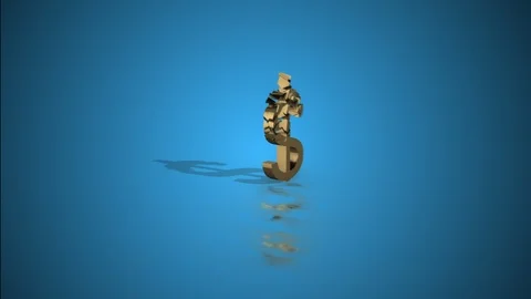 Low poly golden dollar icon dropping into pieces over blue background. Stock Footage 126715278
