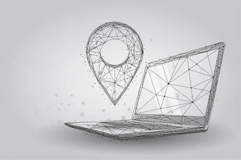 Low poly GPS pin on pc laptop screen. Maps and navigator services Illustrazione stock