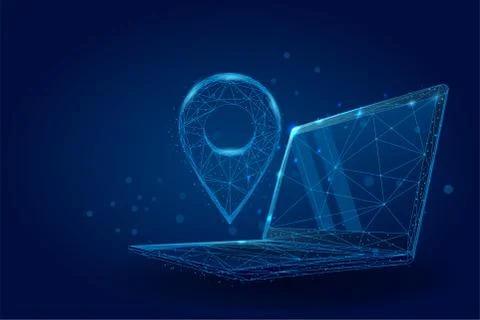 Low poly GPS pin on pc laptop screen. Maps and navigator services Illustrazione stock