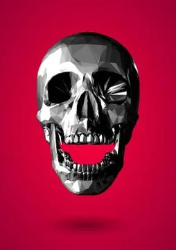Low poly grayscale 3D skull on red background Illustrazione stock