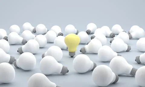 Low Poly, group Team of Light Bulbs, Idea and Solution different thinking, .. Fotos de archivo