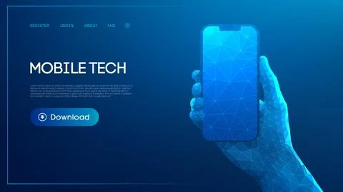 Low poly hand holding a smartphone with geometric blue shapes on a digital Stock Illustration