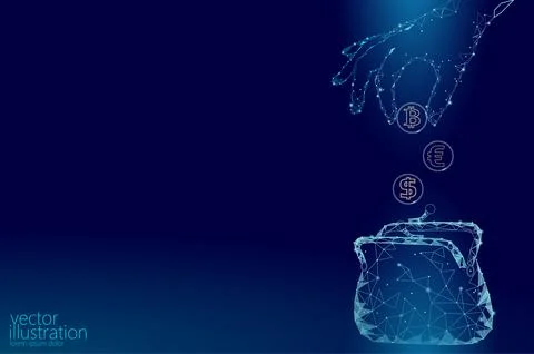 Low poly hand puts Bitcoin cryptocurrency into wallet. Future e-commerce digital Stock-Illustration