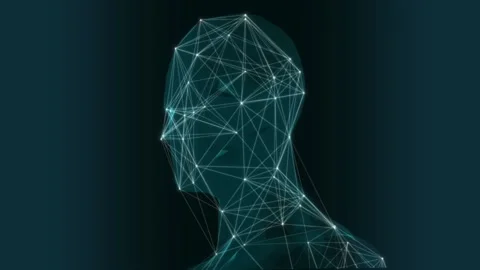 Low poly head rotation animation with dots and lines on a blue background for Stock Footage 157928333