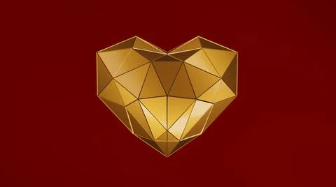 Low poly heart of gold tile above red background. 3d illustration. 3d rendering Stock Illustration
