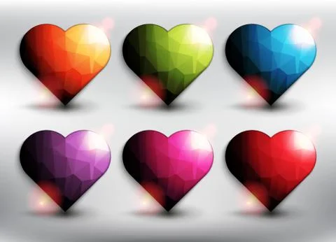 Low poly hearts in 6 different colors. Stock Illustration
