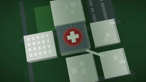 Low Poly Hospital Building Push-In Reveal Night Scene Red Cross Medical Pad Stock Footage 344878966