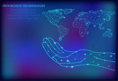 Low-poly image of a map on the hand of a person of the world with lights, com Stock Illustration