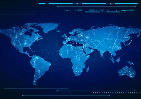 Low-poly image of world map with technology interface Illustrazione stock