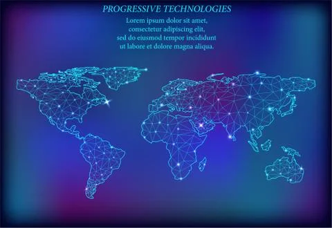 Low-poly image of a world map with lights, communication. Progressive technol Stock Illustration