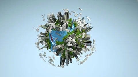 Low Poly Industrial Planet Turns Around. Multiple Cars and Planes Moves. Stock Footage 75346191