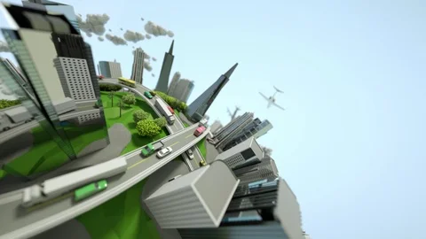 Low Poly Industrial Planet Turns Around. Multiple Cars and Planes Moves. Stock Footage